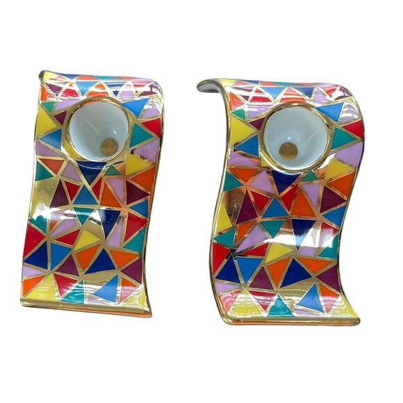 Zvezdin’s Workshop Wave Candle Holders Hand Painted Design Avant Grade RARE $270